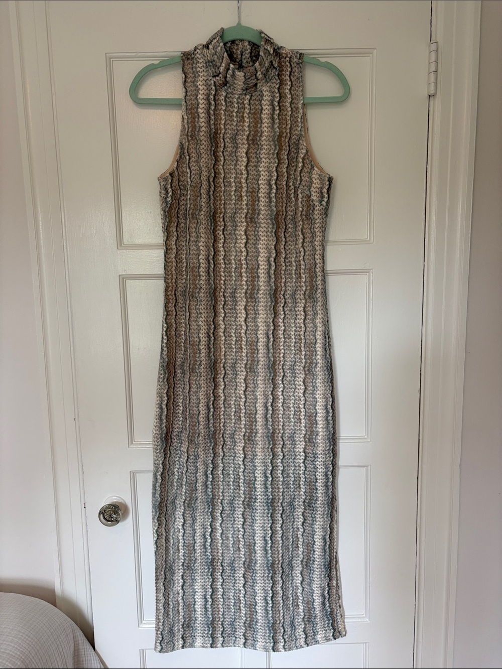Skies Are Blue Sleeveless Mock Neck Maxi Dress in Beige, Taupe & Cream Stripe